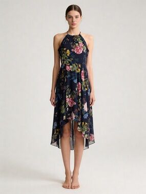 Eliza J Floral Halter Hi-Lo Dress Navy Petite 2P Wedding Guest Garden Party